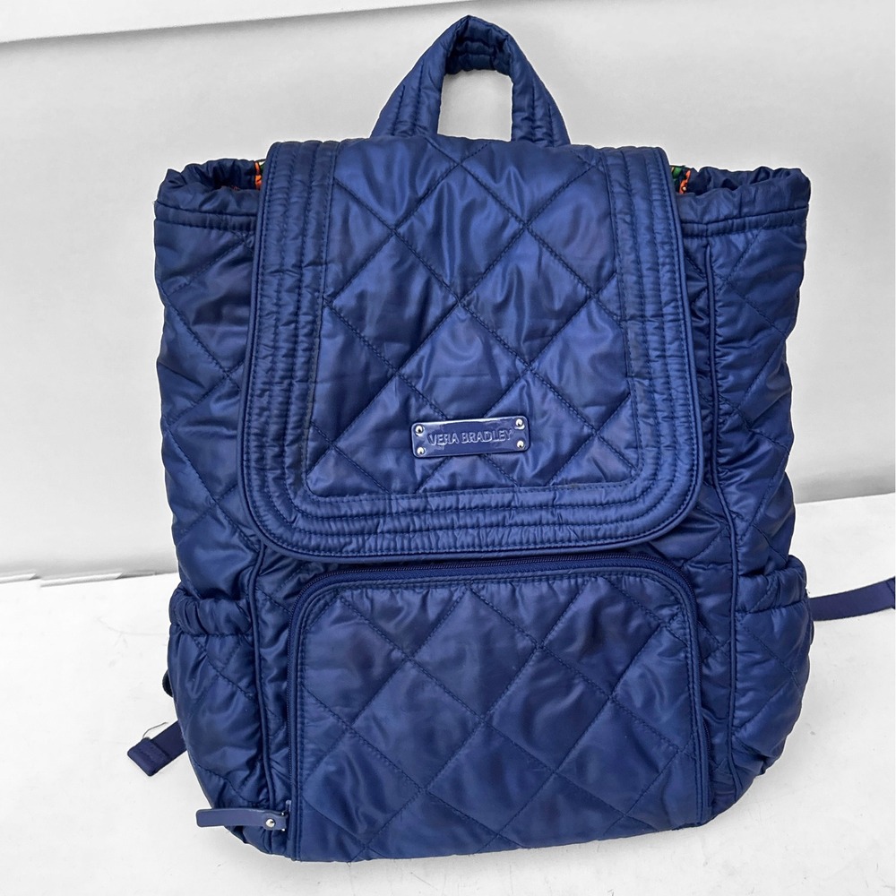 Vera Bradley Navy Blue Quilted Nylon Paisley Lining Drawstring Flap Backpack